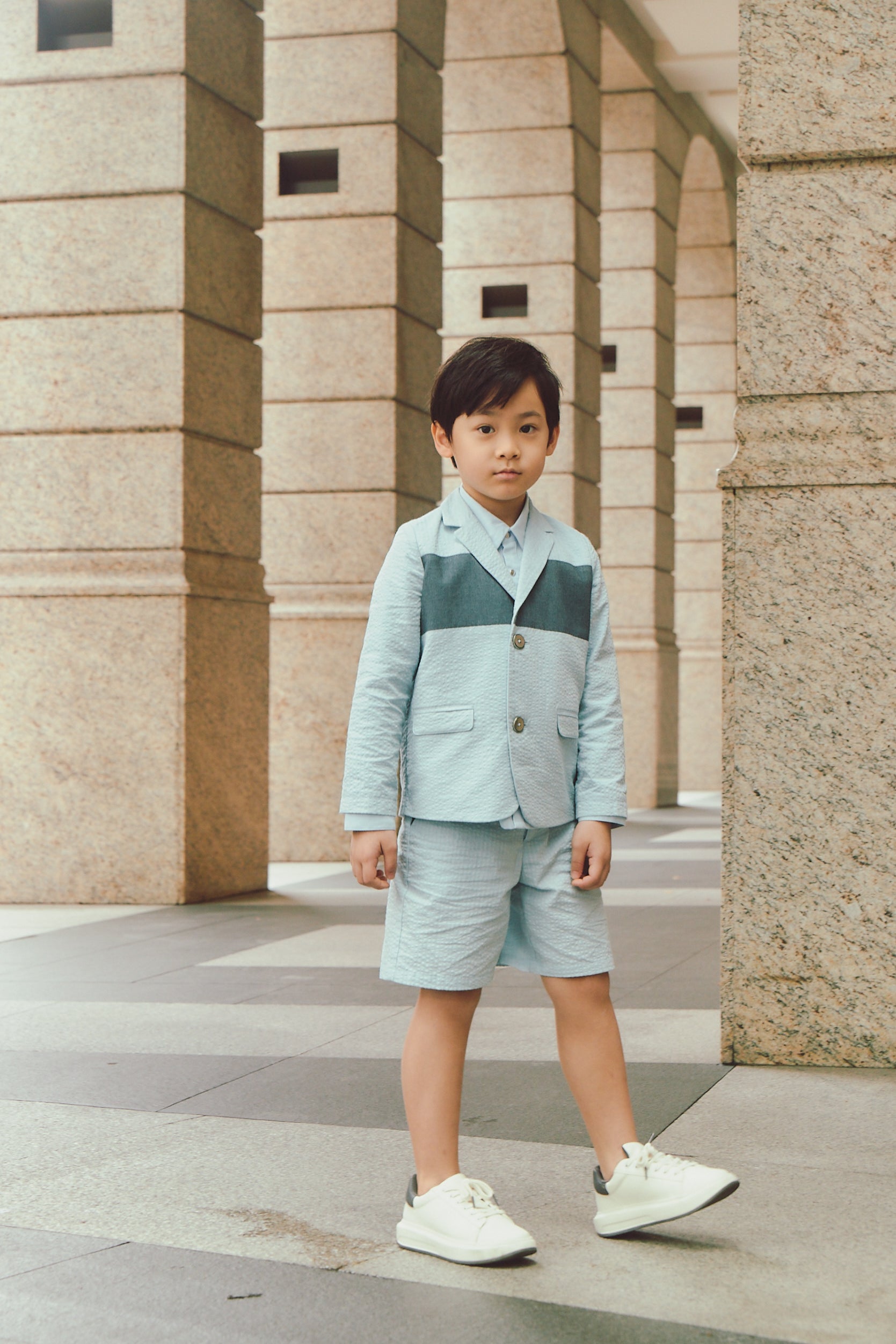 デニム地バイカラーショートパンツ