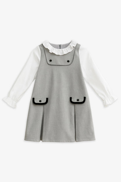 【予約商品】Luxuryコレクション：Freya ハウンドトゥース フリルカラー ポケット付き長袖ワンピース