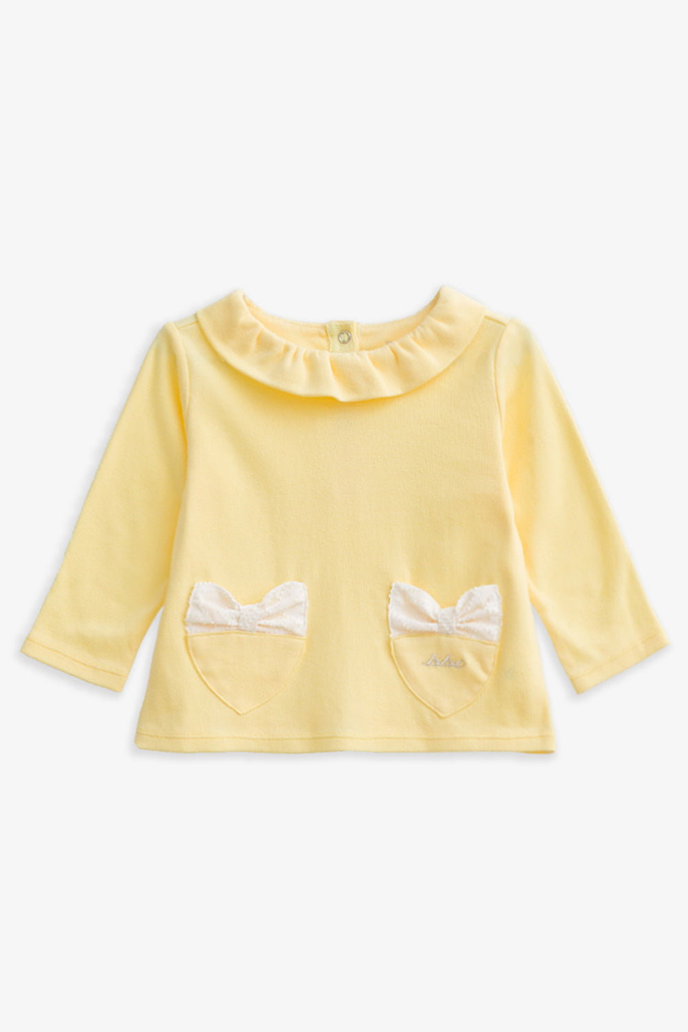 【予約商品】Mainコレクション：Love Note フリルカラー ハートポケット リボン オーガニックコットン長袖トップス