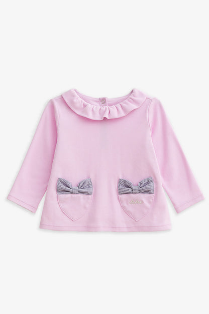 【予約商品】Mainコレクション：Love Note フリルカラー ハートポケット リボン オーガニックコットン長袖トップス