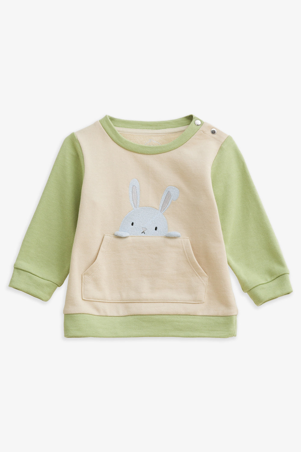 【予約商品】Mainコレクション：Peek-A-Boo ウサギ刺繍 ビッグポケット ショルダーボタン長袖トップス