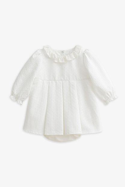 【予約商品】Luxuryコレクション：Rosalie リボン柄ジャカード フリルカラー ボックスプリーツ ドレスロンパース