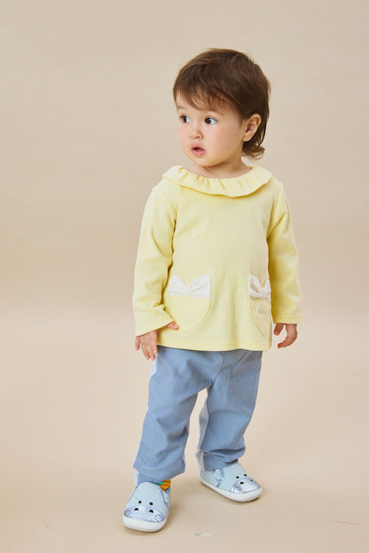 【予約商品】Mainコレクション：Love Note フリルカラー ハートポケット リボン オーガニックコットン長袖トップス