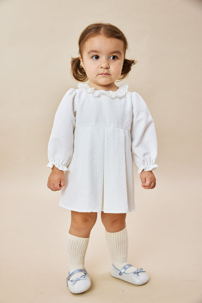 【予約商品】Luxuryコレクション：Rosalie リボン柄ジャカード フリルカラー ボックスプリーツ ドレスロンパース