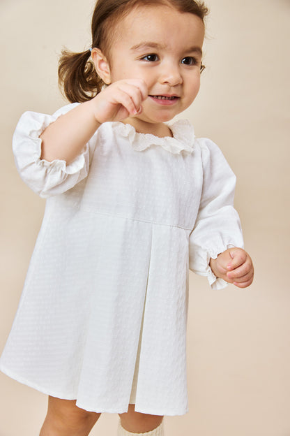 【予約商品】Luxuryコレクション：Rosalie リボン柄ジャカード フリルカラー ボックスプリーツ ドレスロンパース