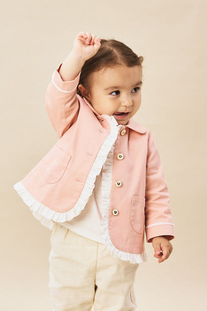 【予約商品】Mainコレクション：Elsie ラウンドカラー フリル切替 オーガニックコットン長袖ジャケット