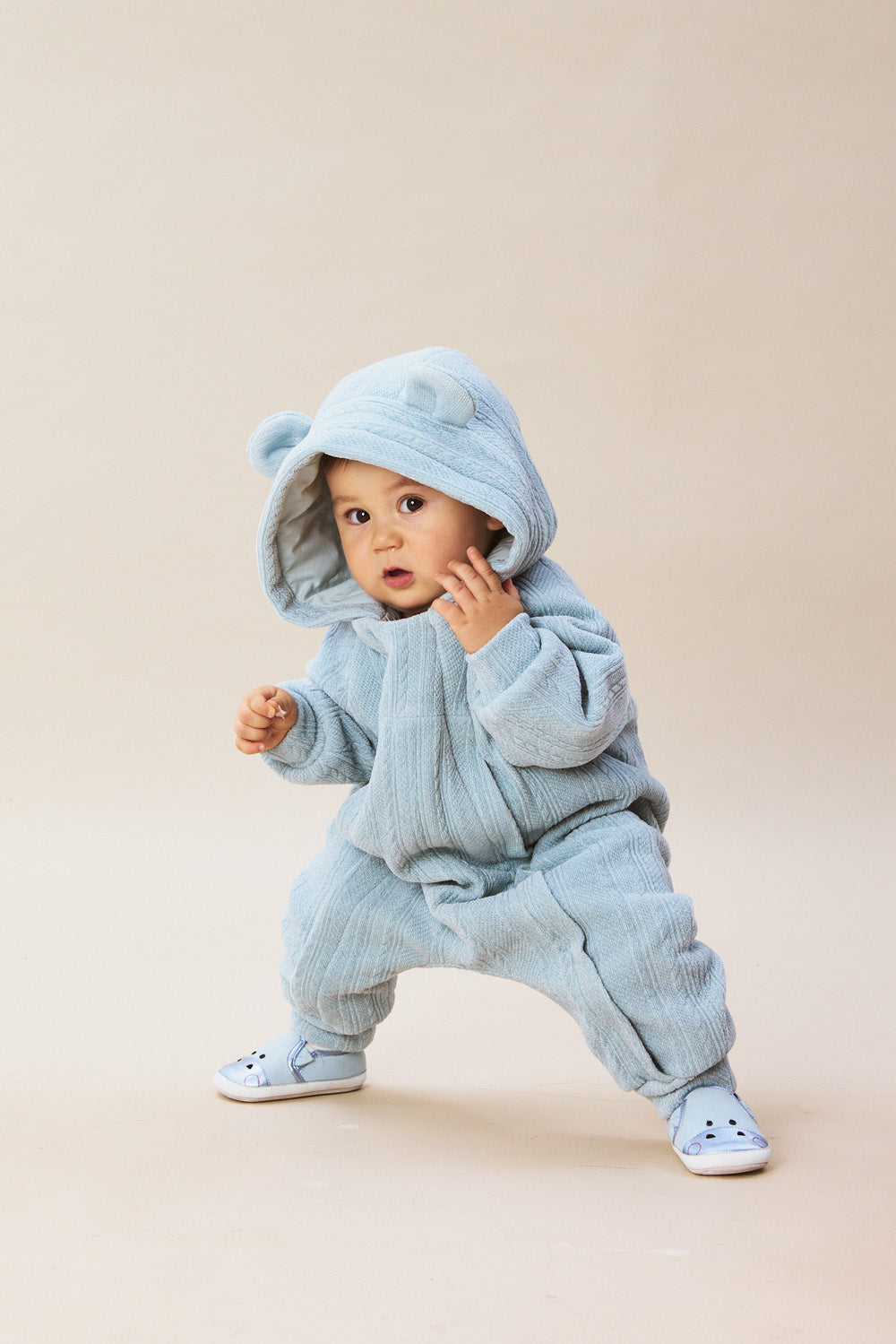 【予約商品】Luxuryコレクション：Bear Hug クマの耳 フーデッド ダブルジップ長袖カバーオール