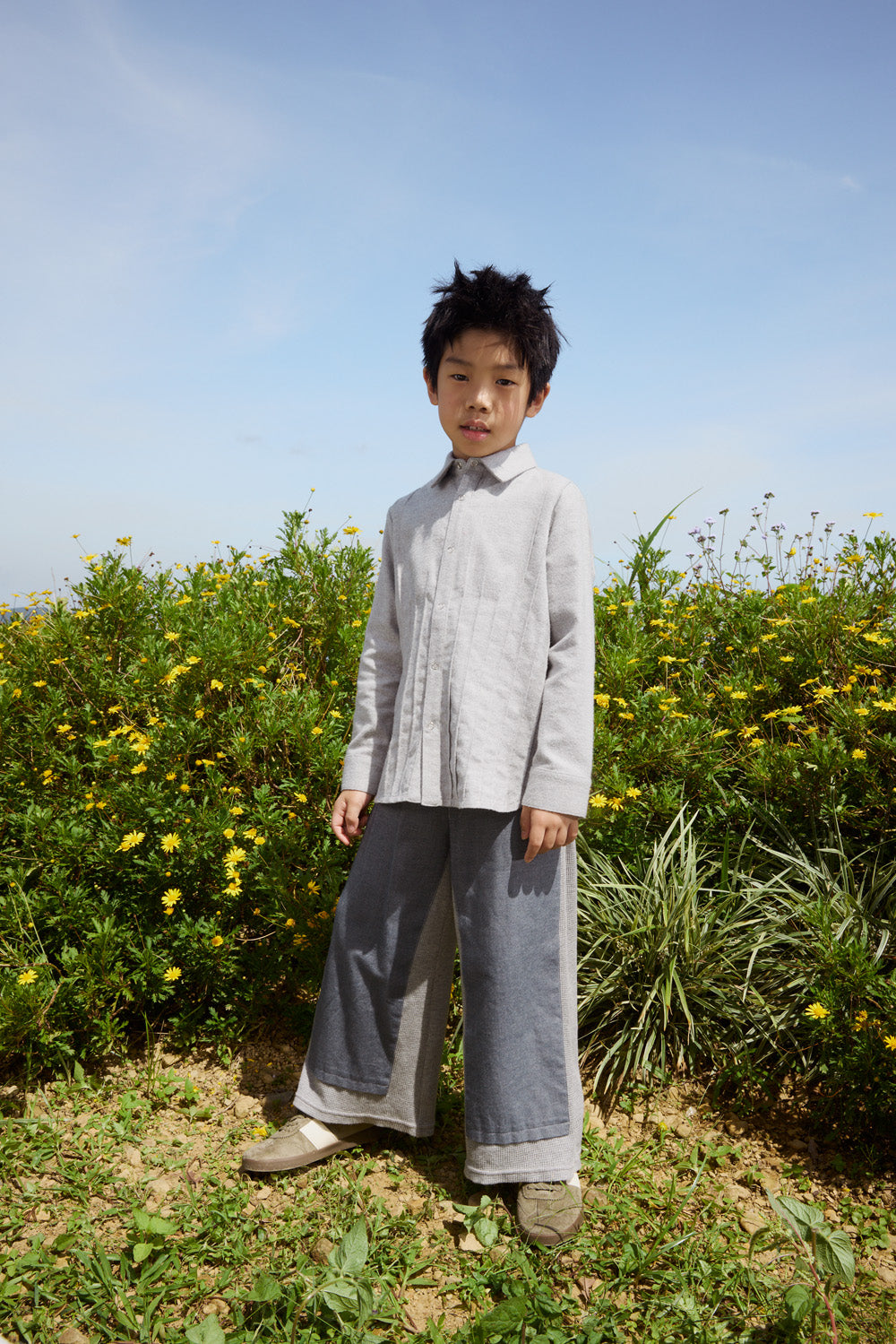 【予約商品】Mainコレクション：Little Poet ピンタック オーガニックコットン長袖シャツ