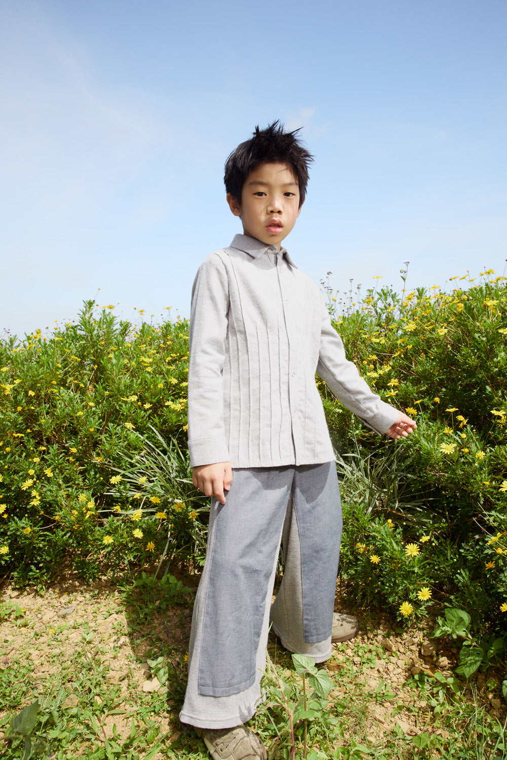 【予約商品】Mainコレクション：Little Poet ピンタック オーガニックコットン長袖シャツ