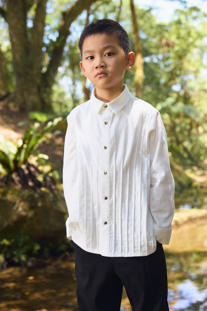 【予約商品】Mainコレクション：Little Poet ピンタック オーガニックコットン長袖シャツ