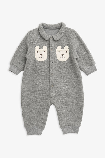 【予約商品】Luxuryコレクション：Woodland Bear ウールライクテクスチャー クマポケット長袖カバーオール