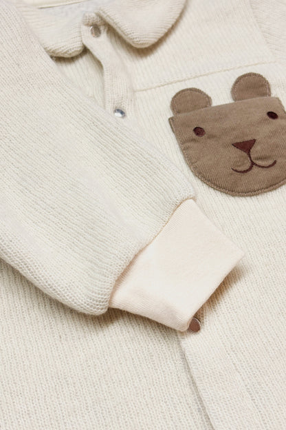 【予約商品】Luxuryコレクション：Woodland Bear ウールライクテクスチャー クマポケット長袖カバーオール