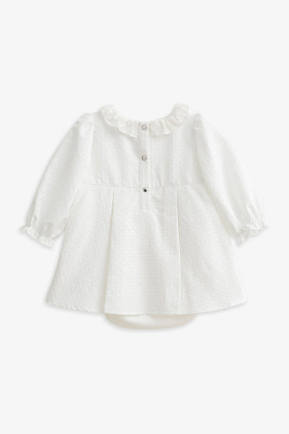【予約商品】Luxuryコレクション：Rosalie リボン柄ジャカード フリルカラー ボックスプリーツ ドレスロンパース